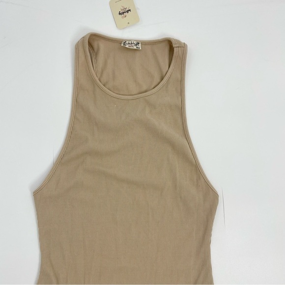 NWT FREE PEOPLE INTIMATELY TAN BODY SUIT NEUTRAL RIBBED SLEEVELESS HIGH NECK S - Picture 2 of 13